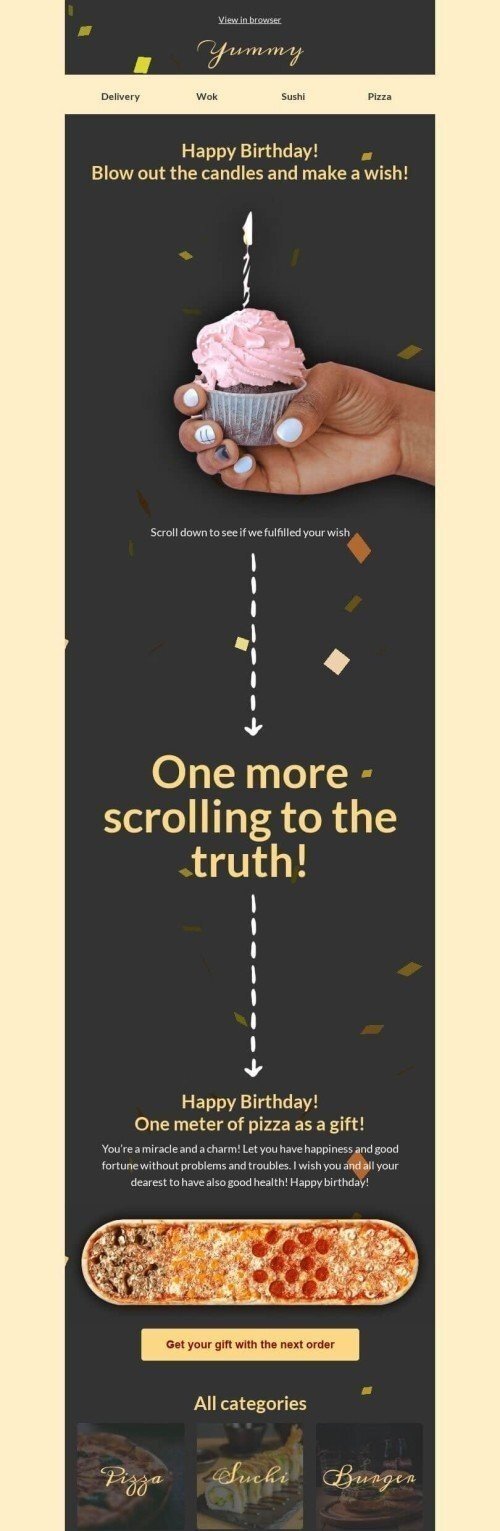 Geburtstag E-Mail-Vorlage «Ein Meter Pizza» für Essen-Branche Desktop-Ansicht
