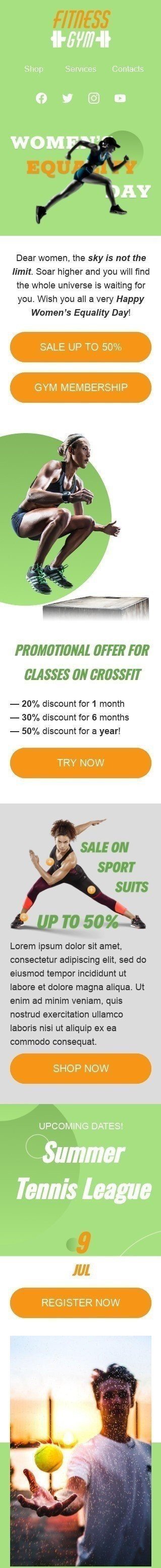 Modello Email Giornata dell'uguaglianza delle donne «Abbonamento a una palestra» per il settore industriale di Sport Visualizzazione mobile