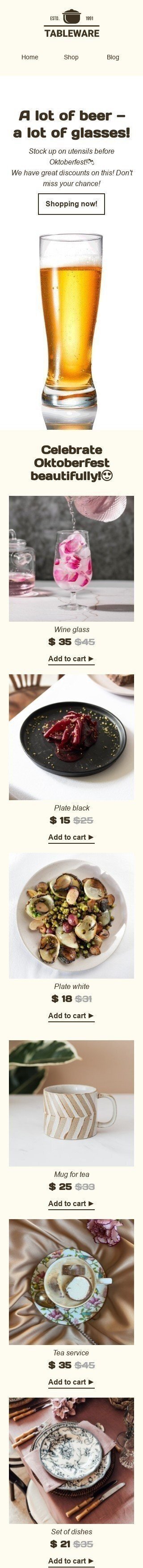 Modelo de E-mail de «Muita cerveja - muitos copos» de Oktoberfest para a indústria de Móveis, Decoração e DIY Visualização de dispositivo móvel