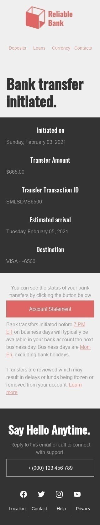 Modelo de E-mail de «Transferência bancária iniciada» de Transacional para a indústria de Finanças Visualização de dispositivo móvel