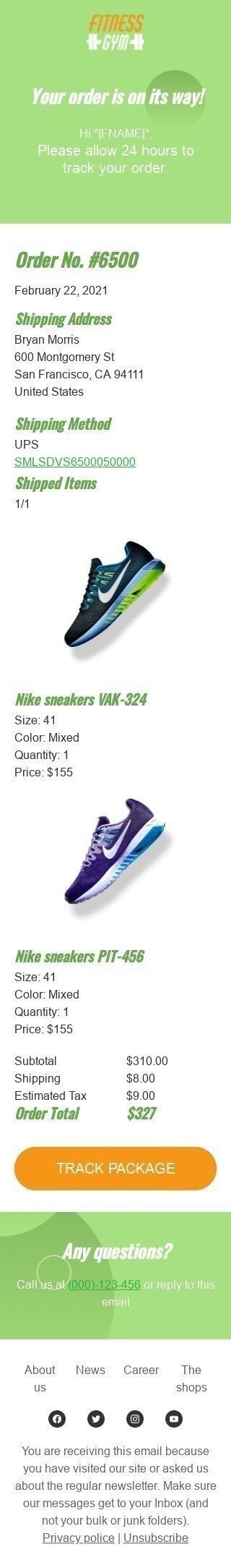 Transactional Email Template «Delivery of sneakers» for Sports industry mobile view