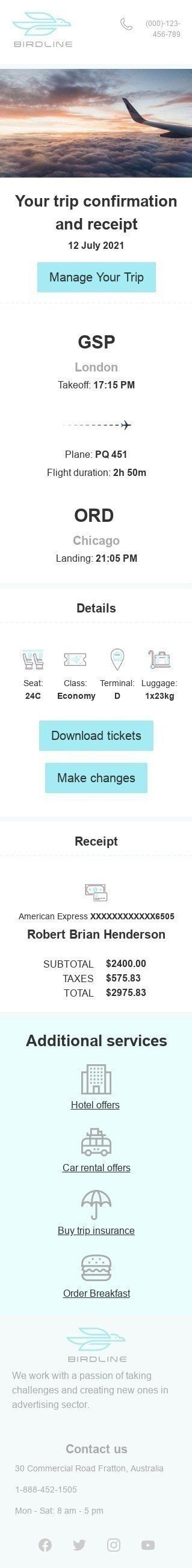 Modelo de E-mail de «Sua confirmação de viagem» de Transacional para a indústria de Turismo Visualização de dispositivo móvel