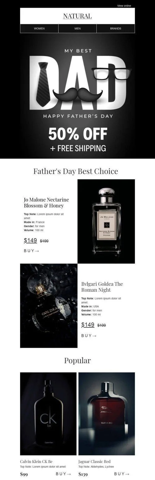 Father’s Day Email Template «Perfume for fathers» for Beauty & Personal Care industry