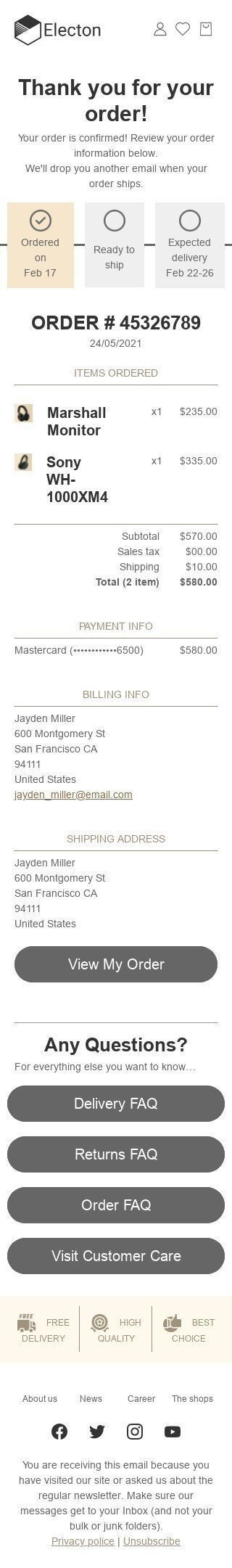 Modelo de E-mail de «Informação do pedido» de Transacional para a indústria de Gadgets Visualização de dispositivo móvel