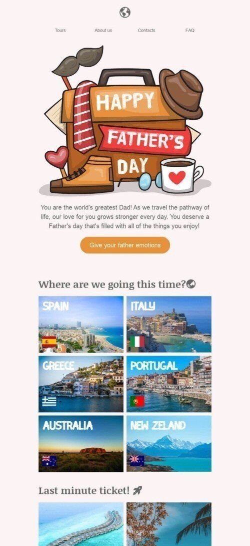 Modelo de E-mail de «Escolha seu país» de Dia dos Pais para a indústria de Turismo Visualização de dispositivo móvel