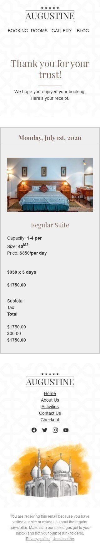 Modello Email Transazionale «Mi è piaciuta la tua prenotazione» per il settore industriale di Hotel Visualizzazione mobile