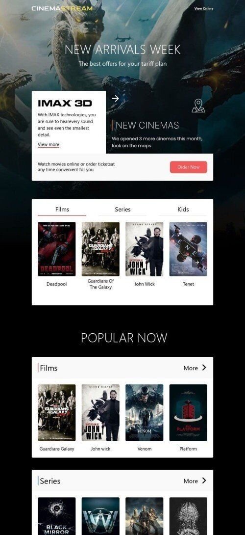 Modello Email Promo «Visione serale» per il settore industriale di Film Visualizzazione mobile