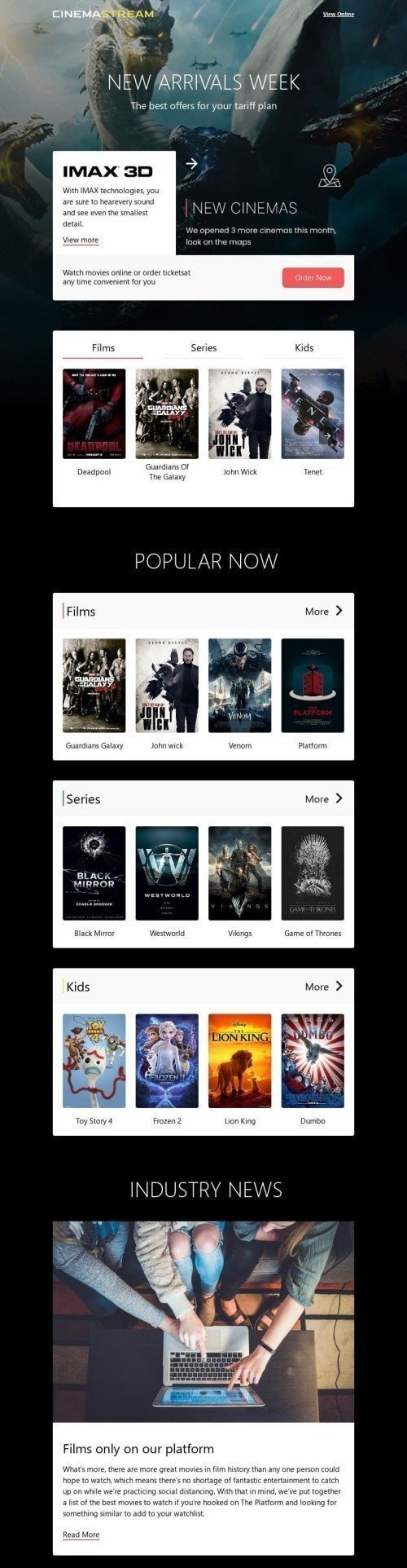 Modello Email Promo «Visione serale» per il settore industriale di Film Visualizzazione mobile