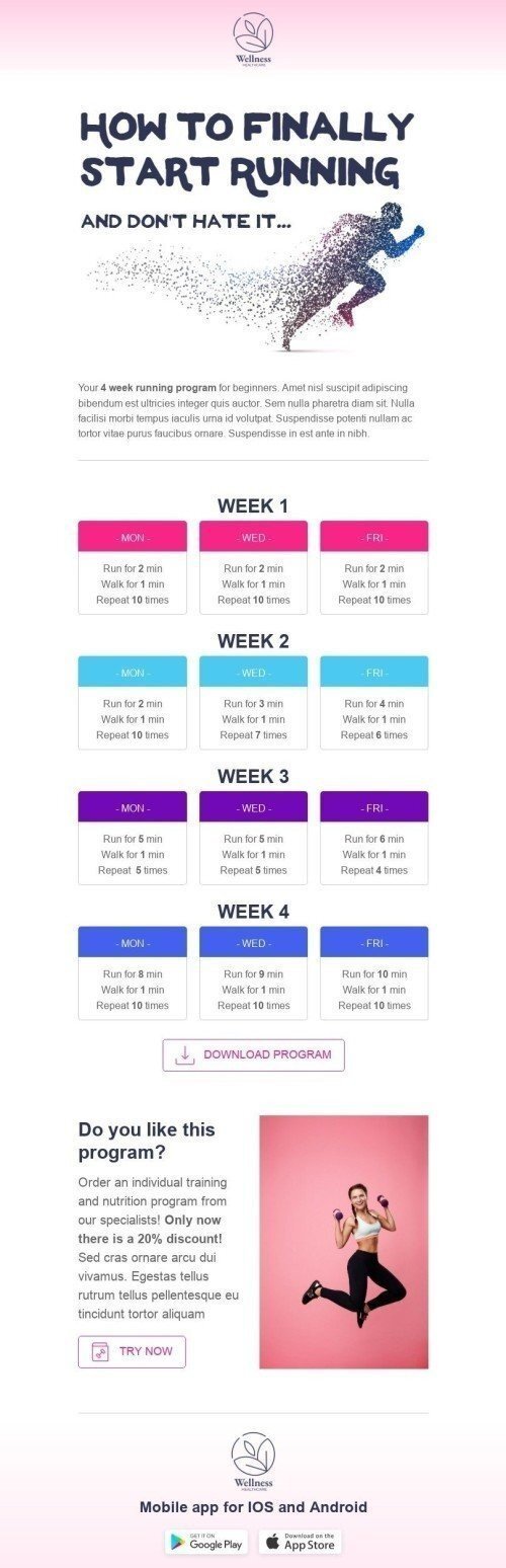 Promo Email Template «Running program» for Health and Wellness industrydesktop view