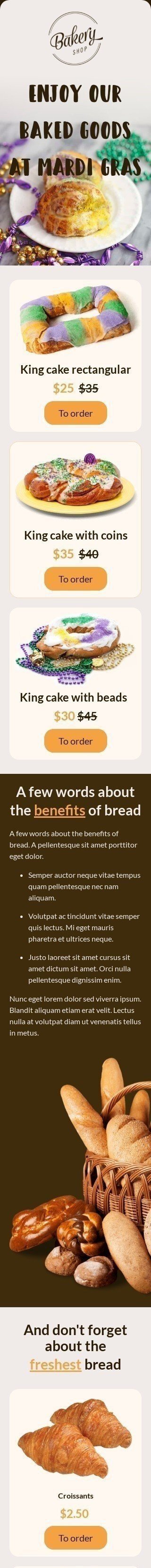 Mardi Gras Email Template «Enjoy our baked goods» for Food industry mobile view