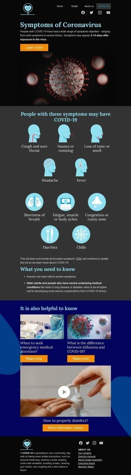 Modelo de E-mail de «Sintomas do Coronavírus» de Promoção para a indústria de Saúde e beleza Visualização de desktop