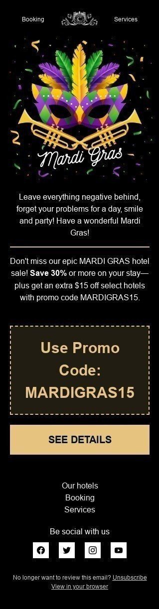 Mardi Gras Email Template "Coupon to our hotel" for Hotels industry mobile view