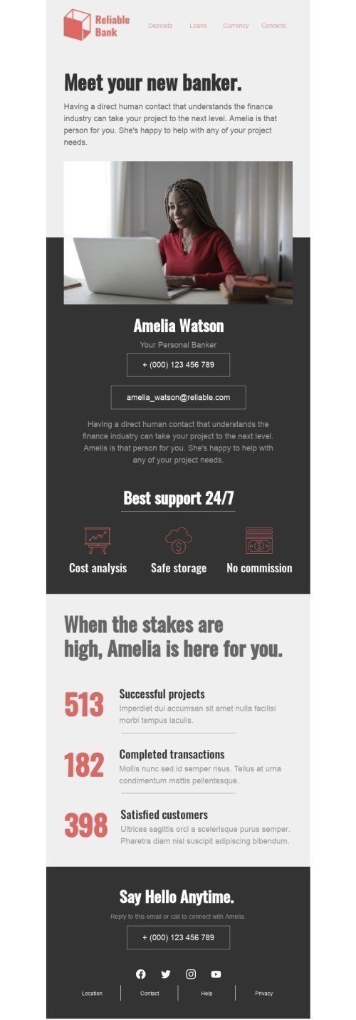 Промо шаблон листа «Ваш новий банкір» для індустрії «Виробництво / Промисловість» мобільний вигляд