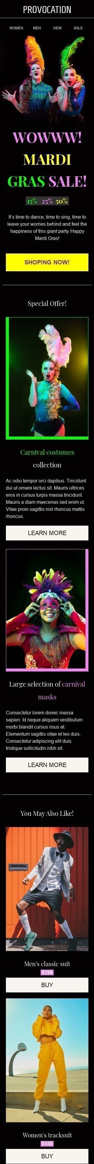 Mardi Gras Email Template "Mardi Gras Sale" for Fashion industry mobile view