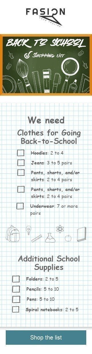 Back to School Email Template «Shopping list» for Fashion industry mobile view