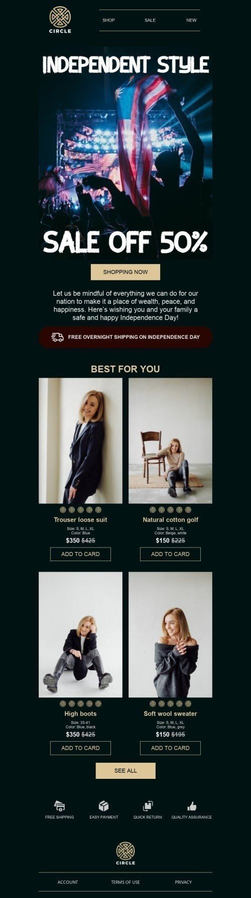 Modello Email Giorno dell’Indipendenza «Stile indipendente» per il settore industriale di Moda Visualizzazione desktop