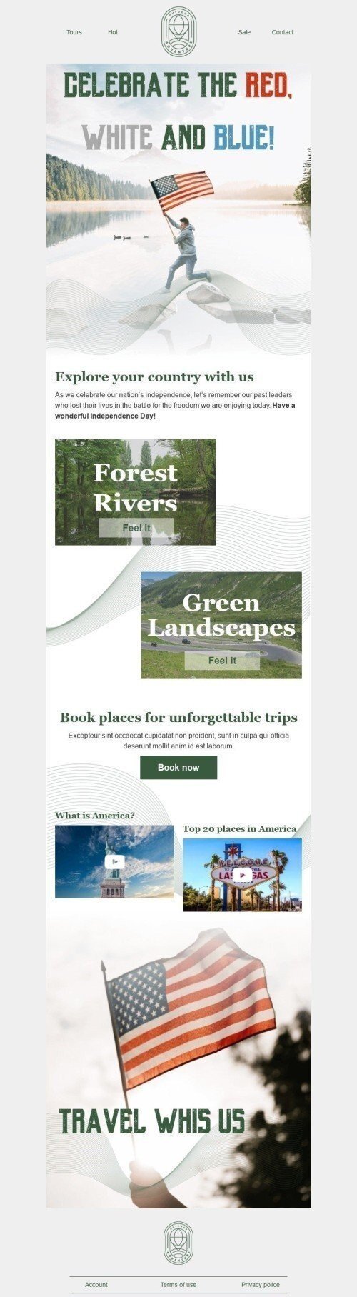 Modello Email Giorno dell’Indipendenza «Viaggia in America» per il settore industriale di Turismo Visualizzazione desktop