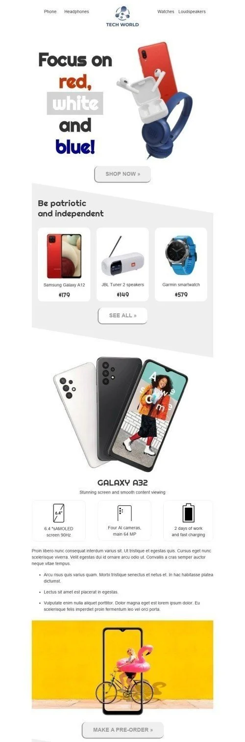 Independence Day Email Template «Focus on red, white and blue» for Gadgets industry