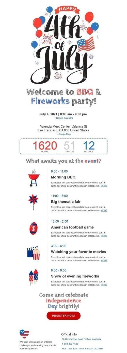 Independence Day Email Template «BBQ and fireworks party» for Hobbies industry desktop view