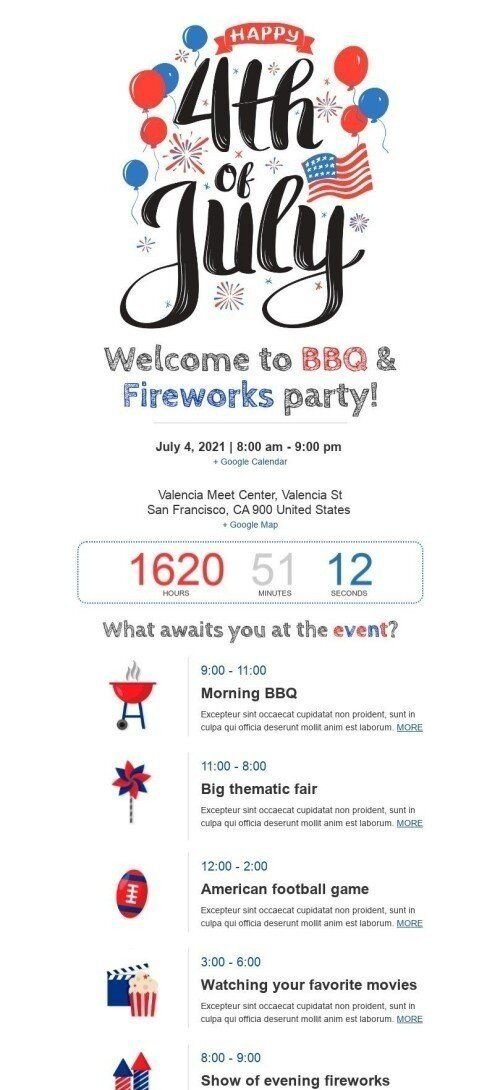 Modèle de courrier électronique Jour de Independence «BBQ et feu d'artifice» pour le secteur Hobbies Affichage mobile