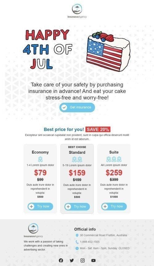 Modèle de courrier électronique Jour de Independence «Mange ton gâteau» pour le secteur Assurance Affichage mobile