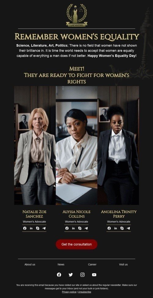 Women's Equality Day Email Template «Women's advocate» for Legal industrydesktop view