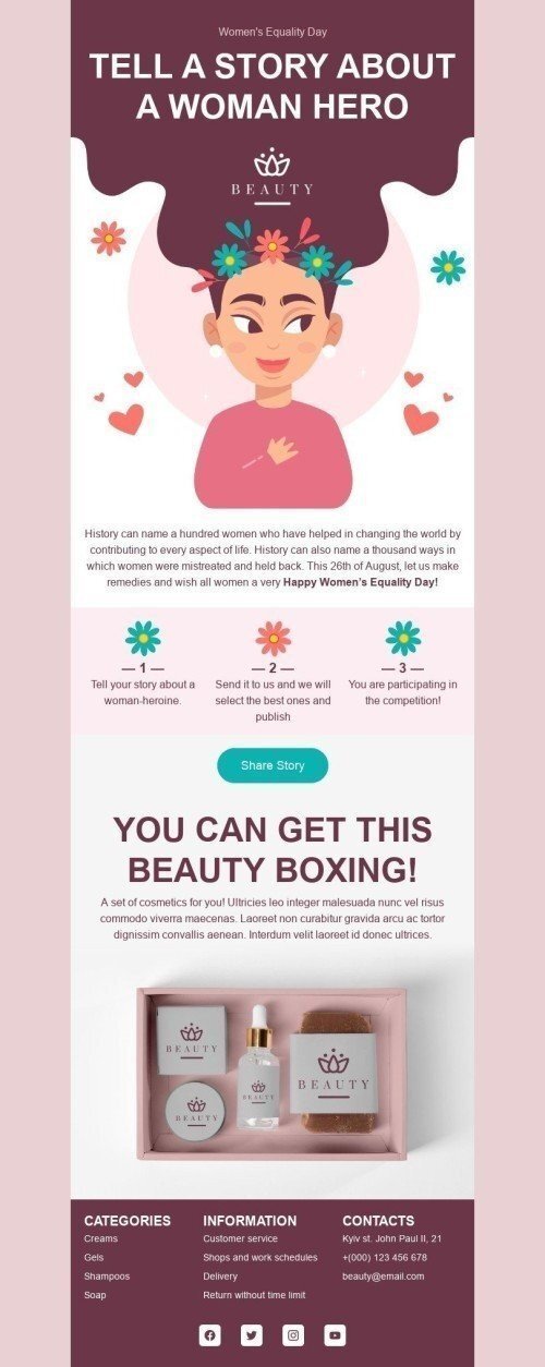 Modelo de E-mail de «Conte sua historia» de Dia Internacional da Igualdade Feminina para a indústria de Beleza e Cuidados Pessoais Visualização de desktop