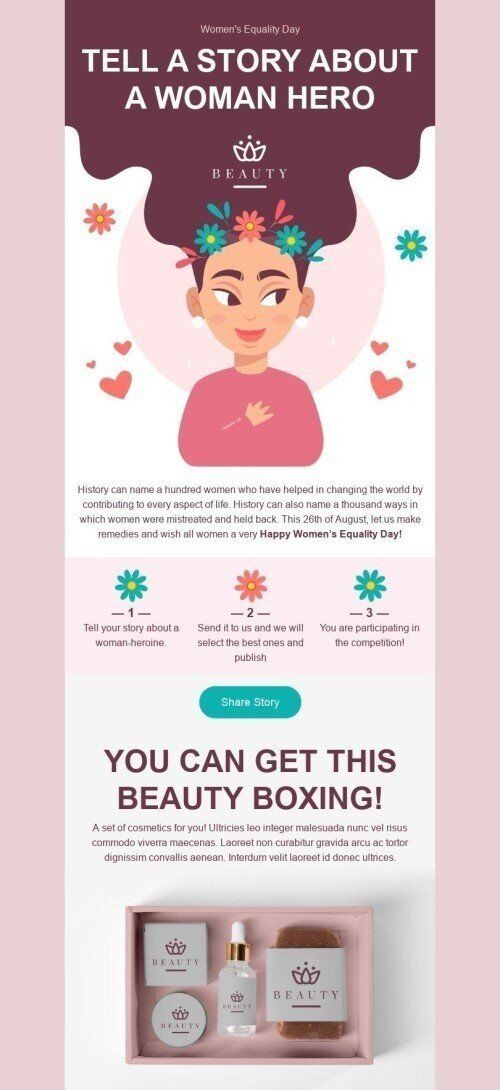 Modelo de E-mail de «Conte sua historia» de Dia Internacional da Igualdade Feminina para a indústria de Beleza e Cuidados Pessoais Visualização de dispositivo móvel