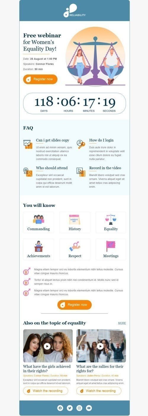 Women's Equality Day Email Template «Free webinar for woman» for Webinars industrydesktop view