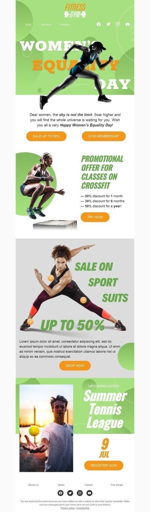 Women's Equality Day Email Template «Gym membership» for Sports industrydesktop view