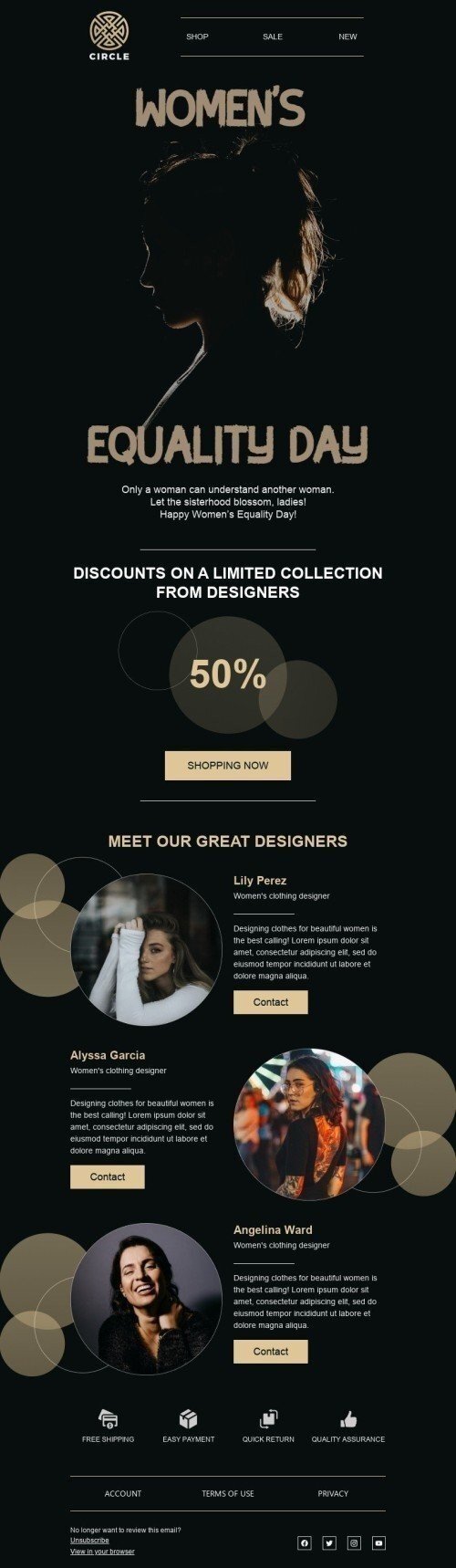 Der Tag der Gleichstellung der Frau E-Mail-Vorlage «Lass die Schwesternschaft aufblühen» für Mode-Branche Ansicht auf Mobilgeräten