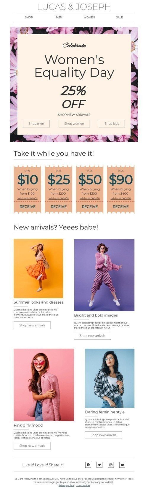 Modèle de courrier électronique Journée de l'égalité des femmes «Lucas et joseph» pour le secteur Mode Affichage ordinateur