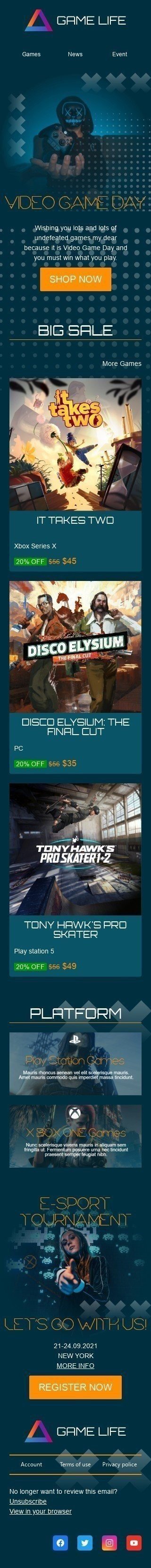 Modelo de E-mail de «Vida de jogo» de Dia do videogame para a indústria de Software e Tecnologia Visualização de dispositivo móvel