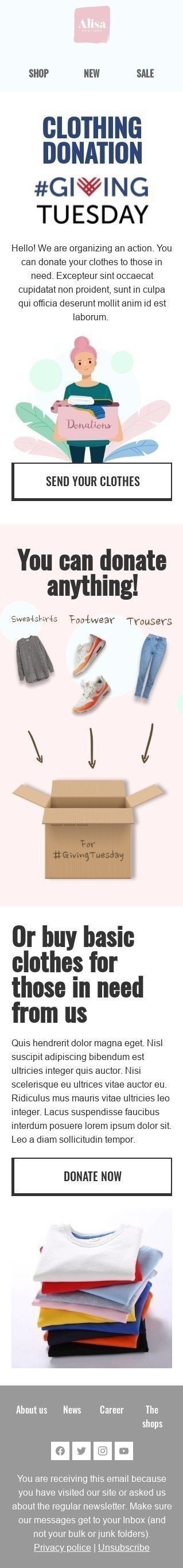 Modelo de E-mail de «Doação de roupas» de Dando terça-feira para a indústria de Moda Visualização de dispositivo móvel