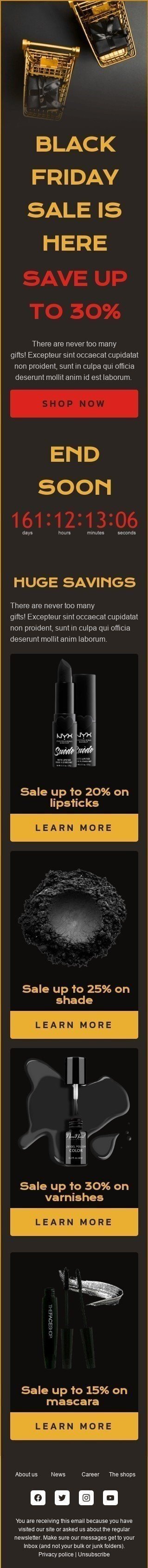 Black Friday E-Mail-Vorlage «Riesige Einsparungen» für Beauty & Pflege-Branche Ansicht auf Mobilgeräten