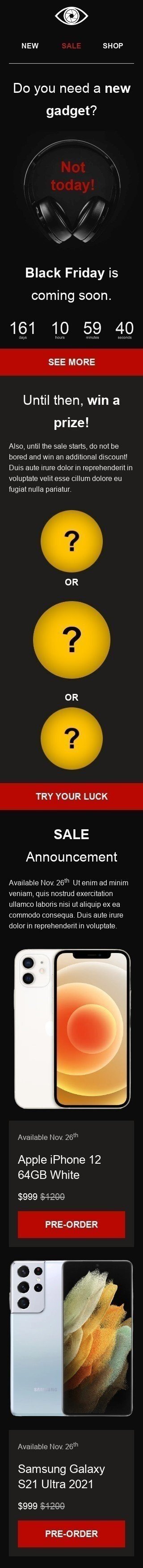 Modèle de courrier électronique Black Friday «Gagner un prix» pour le secteur Gadgets Affichage mobile