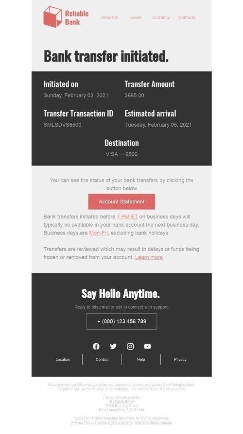 Transactional Email Template «Bank transfer initiated» for Finance industry mobile view