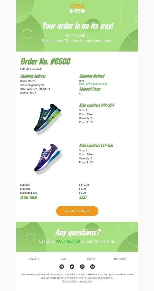Transactional Email Template «Delivery of sneakers» for Sports industry