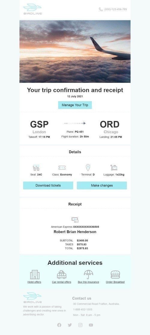 Transactional Email Template «Your trip confirmation» for Travel industrydesktop view