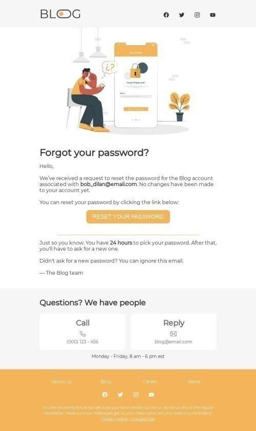 Transaktion E-Mail-Vorlage «Passwort vergessen?» für Publikationen und Blogs-Branche Ansicht auf Mobilgeräten