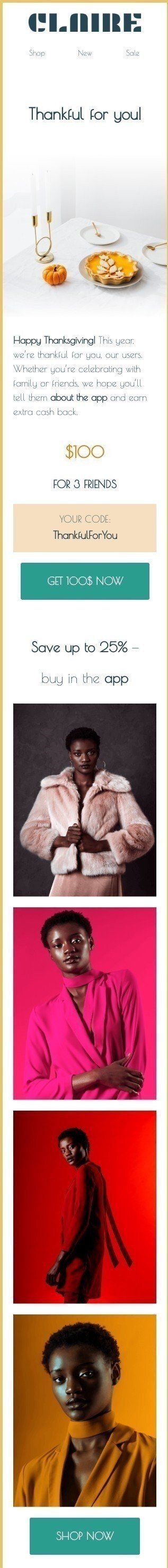 Thanksgiving Day Email Template "Thankful for you!" for Fashion industry mobile view