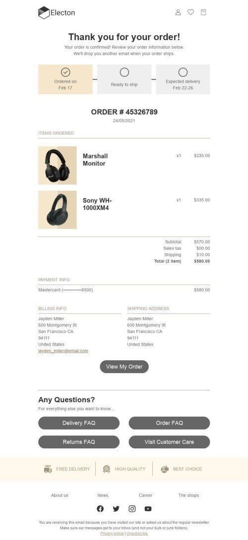 Transactional Email Template «Order information» for Gadgets industry mobile view