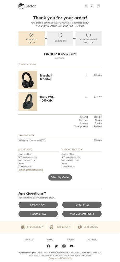 Шаблон листа «Інформація про замовлення» тематики Транзакційні для індустрії «Гаджети» мобільний вигляд