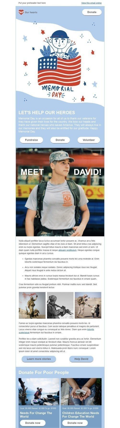 Memorial Day E-Mail-Vorlage «Helfen wir unseren Helden» für Gemeinnützig & Wohltätigkeit-Branche Ansicht auf Mobilgeräten