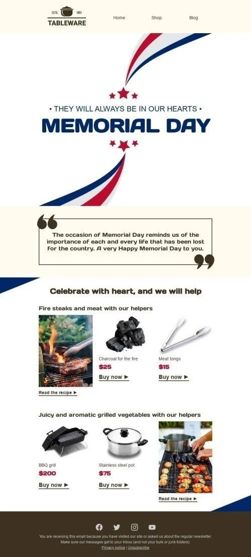 Memorial Day Email Template «Forever in our hearts» for Furniture, Interior & DIY industry
