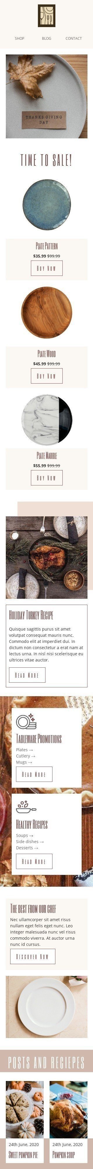 Thanksgiving Day Email Template «Tableware promotions» for Furniture, Interior & DIY industry mobile view
