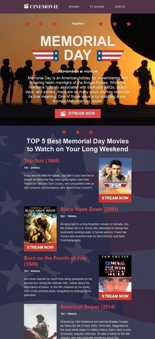 Memorial Day E-Mail-Vorlage «Beste Memorial Day Filme» für Filme-Branche Ansicht auf Mobilgeräten