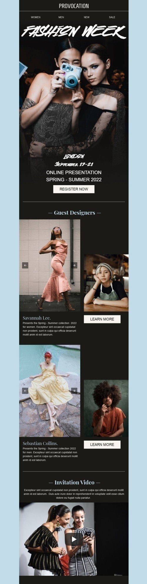 Fashion week Email Template «Online presentation» for Fashion industrydesktop view