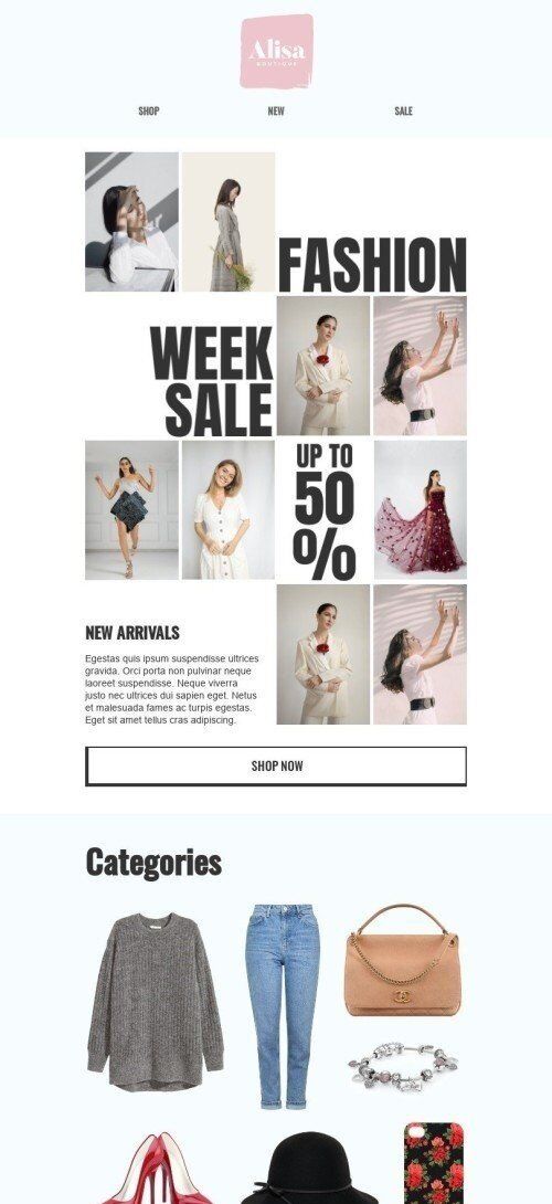 Plantilla de correo electrónico «Rebajas de la semana de la moda» de Semana de la Moda para la industria de Moda Vista de móvil