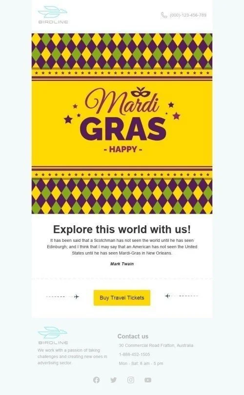 Mardi Gras Email Template «Buy travel tickets» for Travel industry